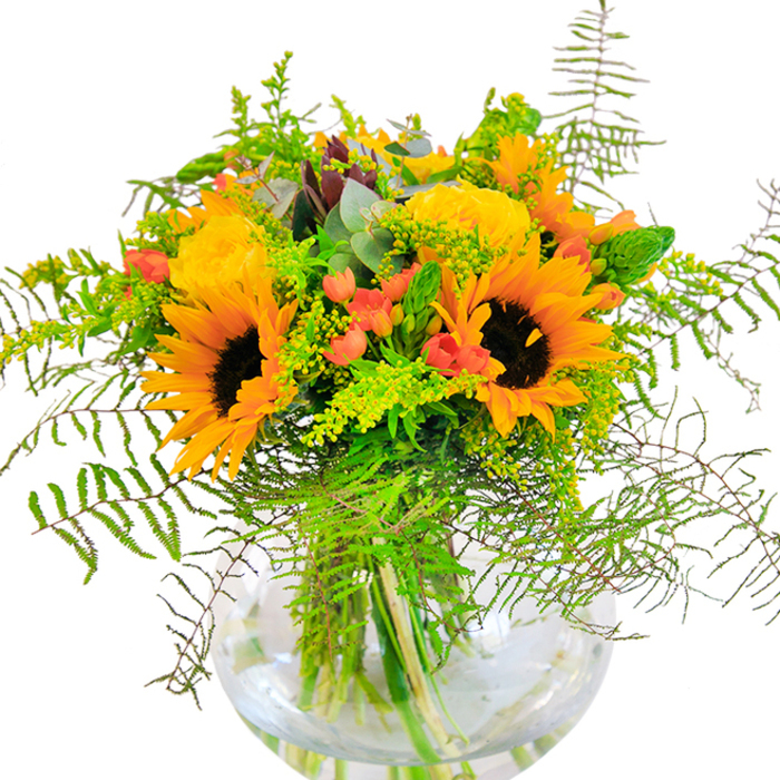 This exuberant floral display, thoughtfully arranged for the Canonbury community, mirrors the sunlit vibrancy of the neighbourhood's most inviting gardens. Dominated by grand, golden sunflowers and contrasting rich, chocolate-brown centres, the bouquet beams with a radiant energy that recalls late summer afternoons along Compton Road. Between them open plush, buttery yellow roses, their elegantly layered petals hinting at classic English refinement seen in the finest local homes. Clusters of glossy red Hypericum berries add sparkling punctuation to the composition, playfully set among an abundance of deep green foliage. Cascading ferns and sprays of light yellow filler offer a touch of nature's movement, their feathery forms reminiscent of wild grasses swaying in Canonbury's hidden parks. Adding a modern twist, bluish eucalyptus leaves peek from within, softly brightening the natural palette. The transparent, fishbowl-style vase is a nod to simplicity and freshness, displaying vibrant stems immersed in clear water, ensuring that each bloom looks freshly gathered. This bouquet is more than just a beautiful arrangement-it's a layered celebration of Canonbury's welcoming community, perfect for making everyday moments memorable or gracing special gatherings with a touch of local flair.