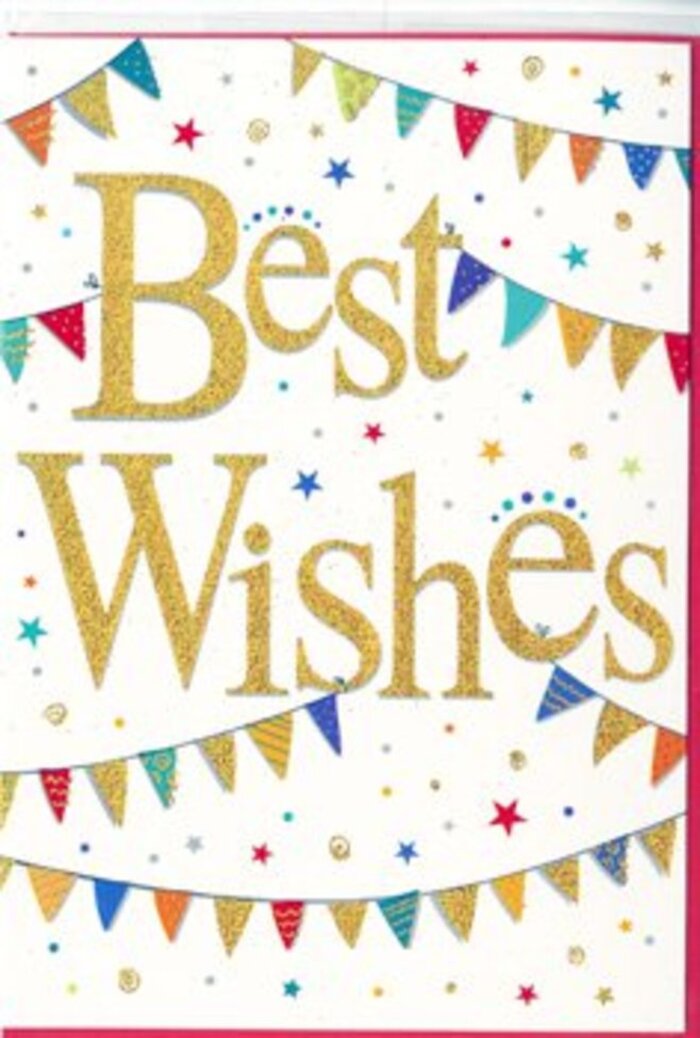 Set against a perfectly white background, this congratulations card feels like a quiet yet sparkling celebration, not unlike the calm, leafy atmosphere of Canonbury on a sunny weekend. In the very centre, the phrase Best Wishes is rendered in elegant, looping gold script, each letter flowing into the next with relaxed confidence. The gold has a soft metallic sheen that subtly shifts with the light, suggesting a fine, slightly embossed texture that adds depth without overwhelming the simplicity of the design. Surrounding this central blessing, soft arcs of bunting sweep overhead and below, cradling the words much like garlands draped for a garden gathering. Each bunting string is composed of small triangular flags in bright, saturated colours-jewel-toned blues, vivid reds, rich greens, and warm yellows-each flag adorned with tiny patterns: dainty spots, slender stripes, or miniature geometric shapes. These details lend the card a playful, handcrafted feel, yet the overall effect remains tidy and polished. Scattered throughout the open white space, clusters of tiny stars and confetti-like dots drift lightly, hinting at movement and giving the impression of a joyful moment captured in stillness. The design's balance of fresh white, celebratory colour, and refined gold makes it versatile for many occasions: a new job in the city, an engagement, a graduation, or any bright milestone in someone's Canonbury story. It is easy to imagine this card nestled within a bouquet delivered to a townhouse near New River Walk, the shimmering letters echoing the good wishes you send, carrying encouragement, pride, and gentle excitement for what lies ahead.