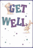 Radiant and optimistic, this get well card could easily be imagined as a bespoke gesture from a caring Canonbury florist. The artwork features two endearing characters: a plush brown bear clinging gently to the soaring letters of 'GET' and a cheerful puppy pressing close to the broad, friendly letters of 'WELL'-each rendered in swirls of deep purple, teal, and indigo, their textures almost tangible. Overhead, a scattering of twinkling stars dances in cool shades of blue and violet, giving the sense of wishes whispered in Canonbury's secret gardens at dusk. Set against a bright, uncluttered background, the joy in every detail is unmistakable-the sense of touch in the fur, the compassionate gaze of each character, and the jubilant lift of the lettering all combine to create comfort and hope. This design delivers not just a message, but an emotional boost, reminiscent of a thoughtfully arranged bouquet meant to offer solace and encouragement to a friend on the mend in Canonbury or neighbouring Islington.